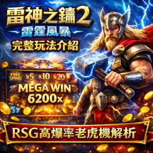 由 RSG 推出的《雷神之錘2：雷霆風暴》，是一款主打高爆率老虎機的全新電子博弈遊戲，延續北歐神話主題並強化連消掉落與倍數累積機制，讓每一轉都充滿爆分潛力。相較前作，雷神之錘2 在免費遊戲與雷霆風暴模式中加入更多高倍數變化，搭配高波動設計，深受追求大獎爆分玩家關注；本篇將帶你完整解析玩法規則、核心機制與實戰重點。