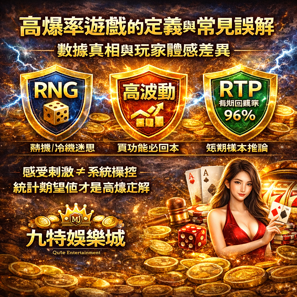 在線上娛樂城與老虎機博弈圈中，玩家常以「高爆率」形容能短時間打出高倍數獎金的機台，但從遊戲供應商與監管角度來看，並不存在官方的「爆率」參數。真正影響結果的只有RNG 隨機數機制、RTP 回饋率、波動度與命中率。玩家感受到的「爆」，多半來自高波動老虎機在短期內集中釋放大獎，而非系統刻意調整賠付。