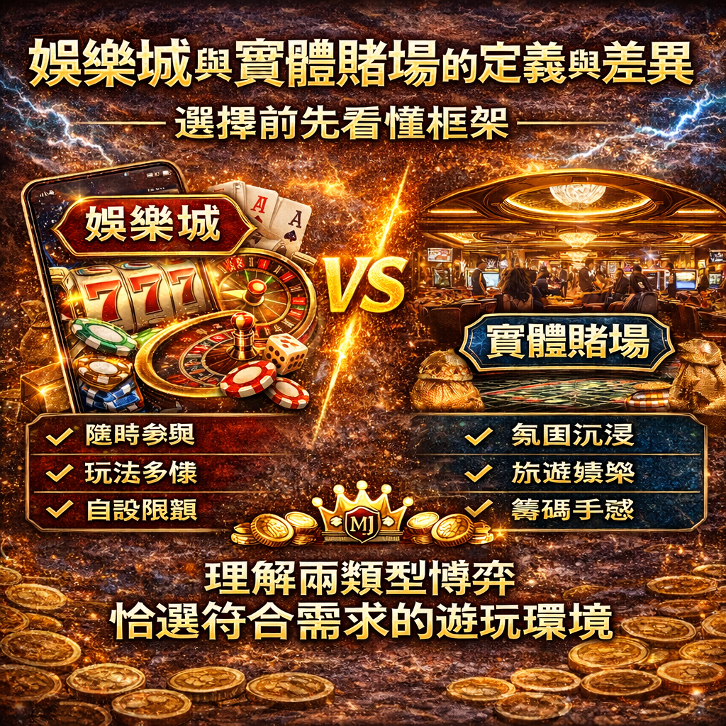娛樂城通常指持牌的線上博弈平台，以網站或 App 提供老虎機、真人荷官、體育博彩、桌牌遊戲等內容；實體賭場則是特定城市或度假區的實際場館，需要親臨現場以現金、籌碼或會員點數下注。兩者最大差異在「參與載體」與「體驗門檻」：線上強調便利與效率，實體強調氛圍與旅遊式沉浸。理解差異框架，才能做出符合預算與時間的選擇。