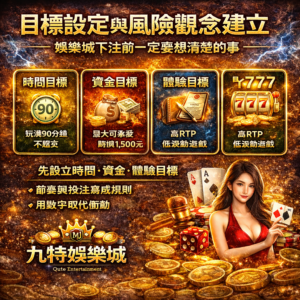 在線上娛樂城下注前，最重要的不是挑選老虎機或博弈遊戲，而是先定義「這一場我要什麼」。不論是在九特娛樂城或其他平台，清楚設定時間目標、體驗目標與資金目標，才能在連輸或中獎時保持理性，避免情緒化下注。真正的風險管理，是把可控的變數（注額、節奏、選遊戲）寫成規則。