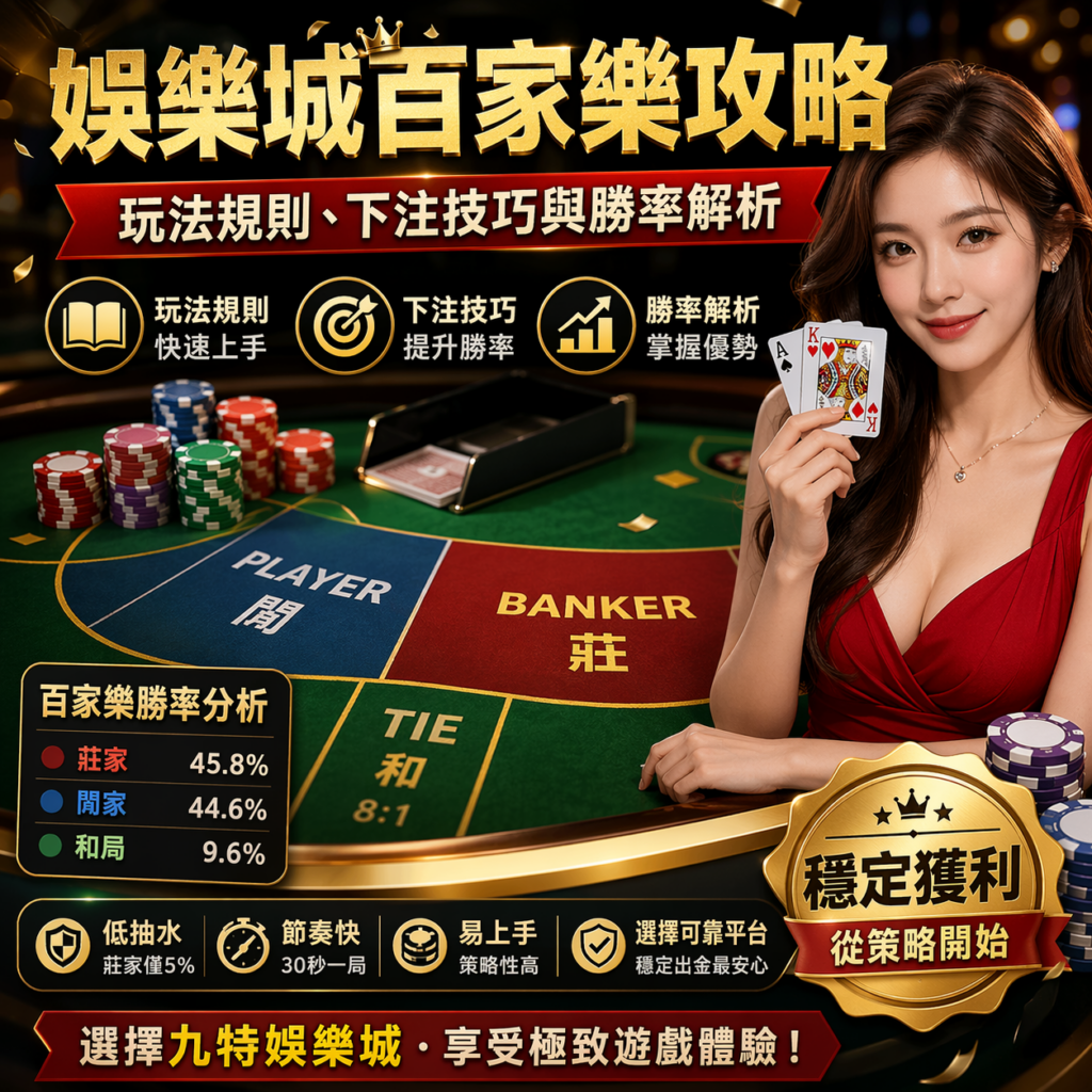 在眾多娛樂城遊戲中,百家樂一直都是最受玩家歡迎的熱門項目之一。玩法看似簡單,只要在莊、閒、和之間選擇下注即可,但如果想真正提高勝率,就必須了解完整的百家樂規則、補牌邏輯、下注技巧與資金控管方式。本篇將從新手最需要知道的基礎玩法開始,深入解析百家樂勝率、路單觀念與常見迷思,幫助你更快速掌握這款經典博弈遊戲的核心策略。